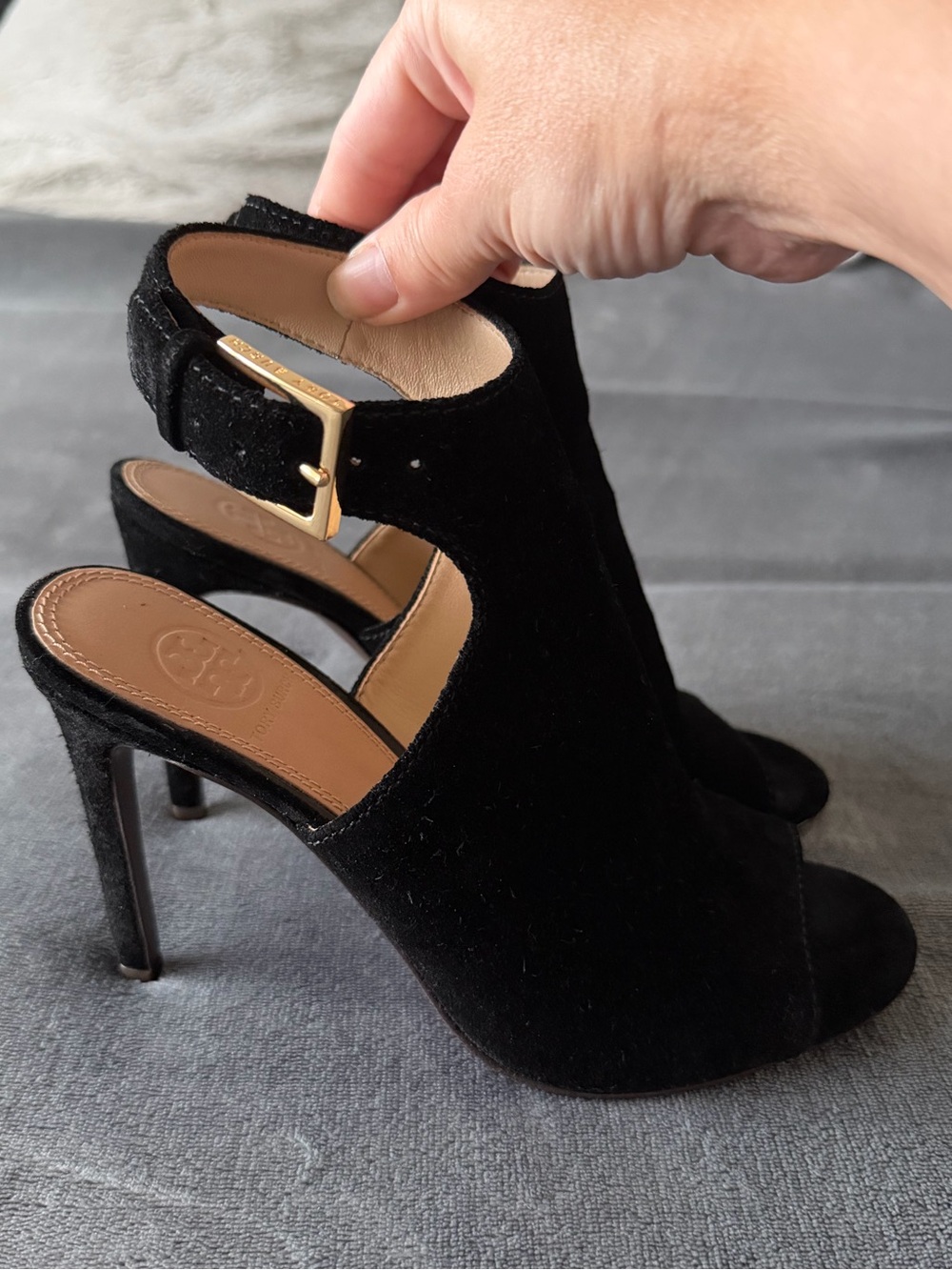 Tory Burch Black Suede Peep-Toe Stiletto Sandals with Gold Buckle - Picture 5 of 14
